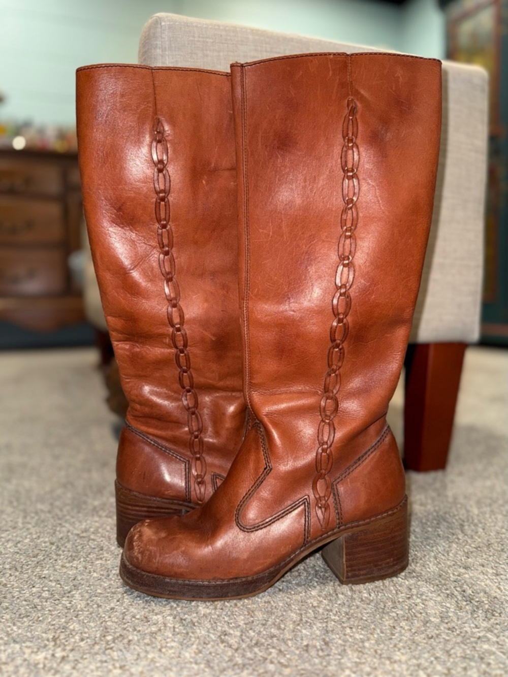 Vintage 1986 Rust Brown Leather Women's Knee Zip Boots Size 8.5 Made In Brazil